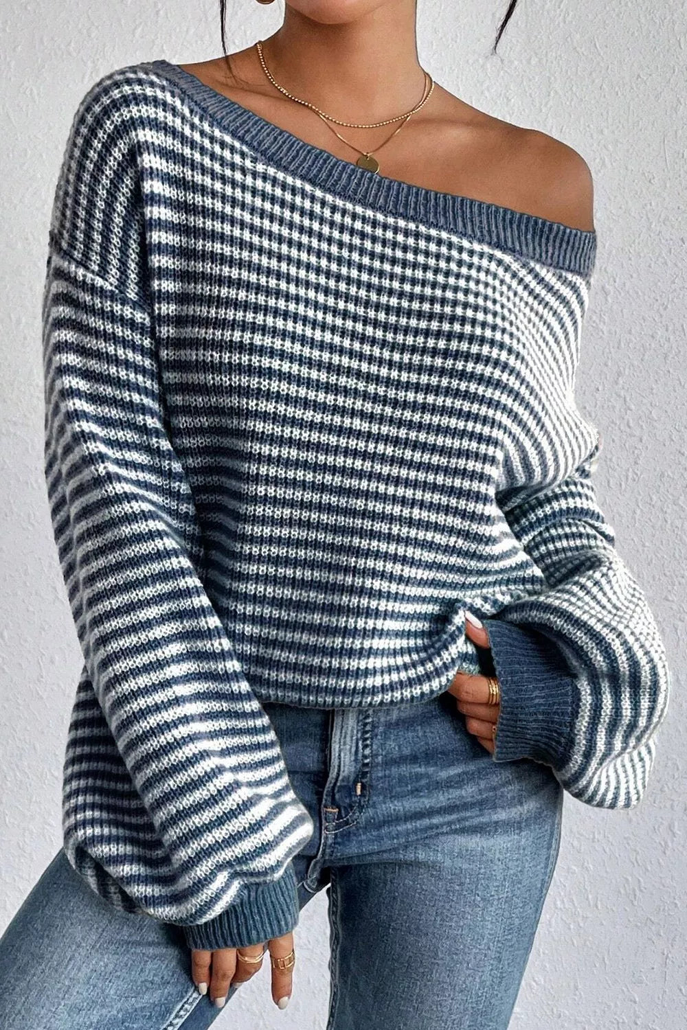 Striped Lantern Sleeve Drop Shoulder Cozy Sweater