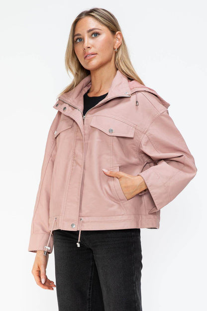 How Dare U Drawstring Hem PU Leather Zip Up Jacket for Women