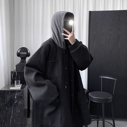 Quilted Hooded Jacket Mens Mid-Length Wool Coat