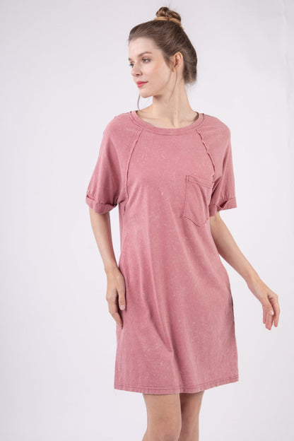 Woman Dress Casually Washed Round Neck Mini Tee Dress - Effortlessly Chic Casual Dress with Pocketed Design