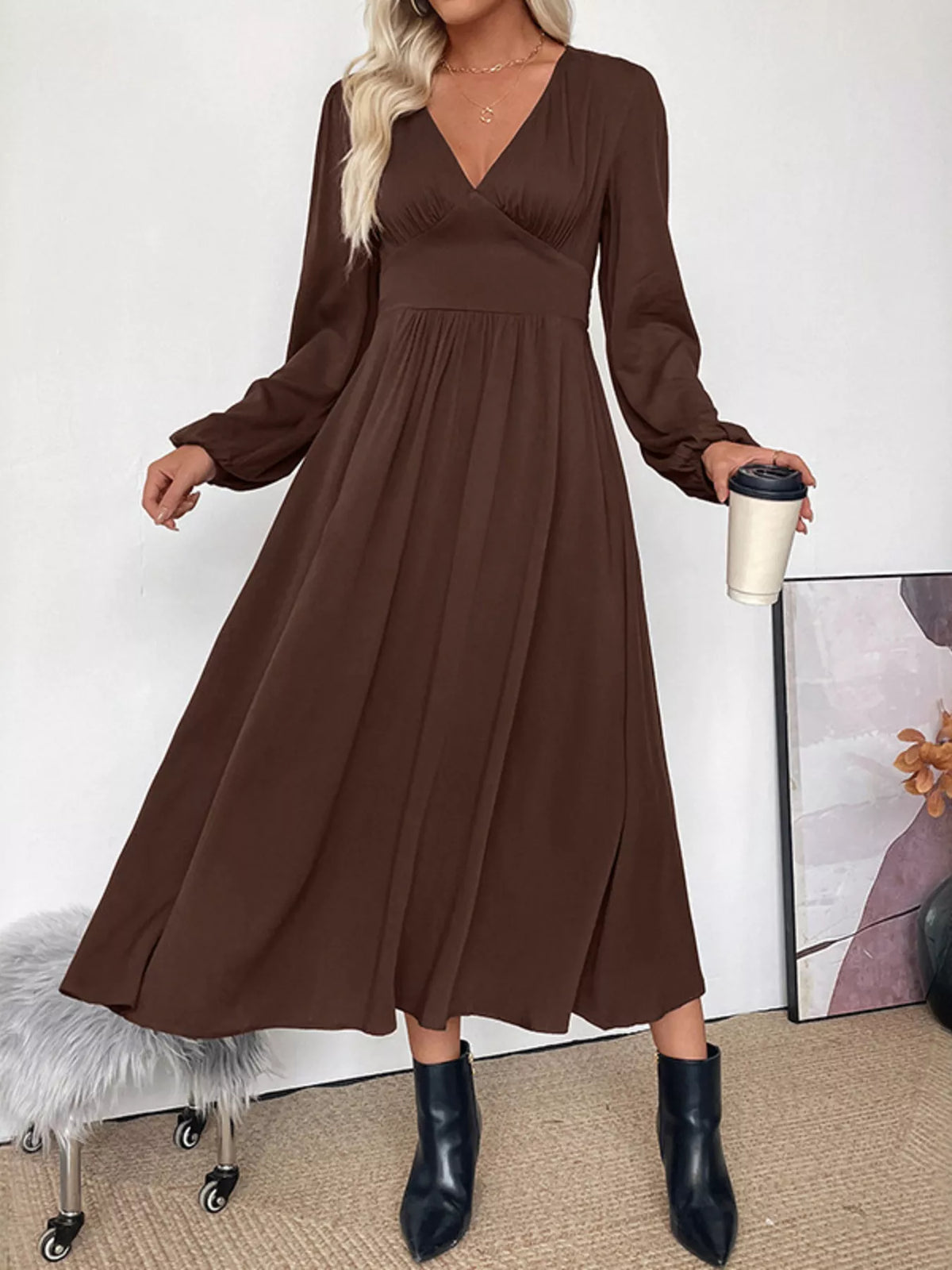 V-Neck Long Sleeve A-Line Midi Dress