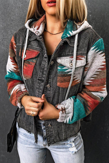 Drawstring Hooded Pocketed Denim Jacket for Women