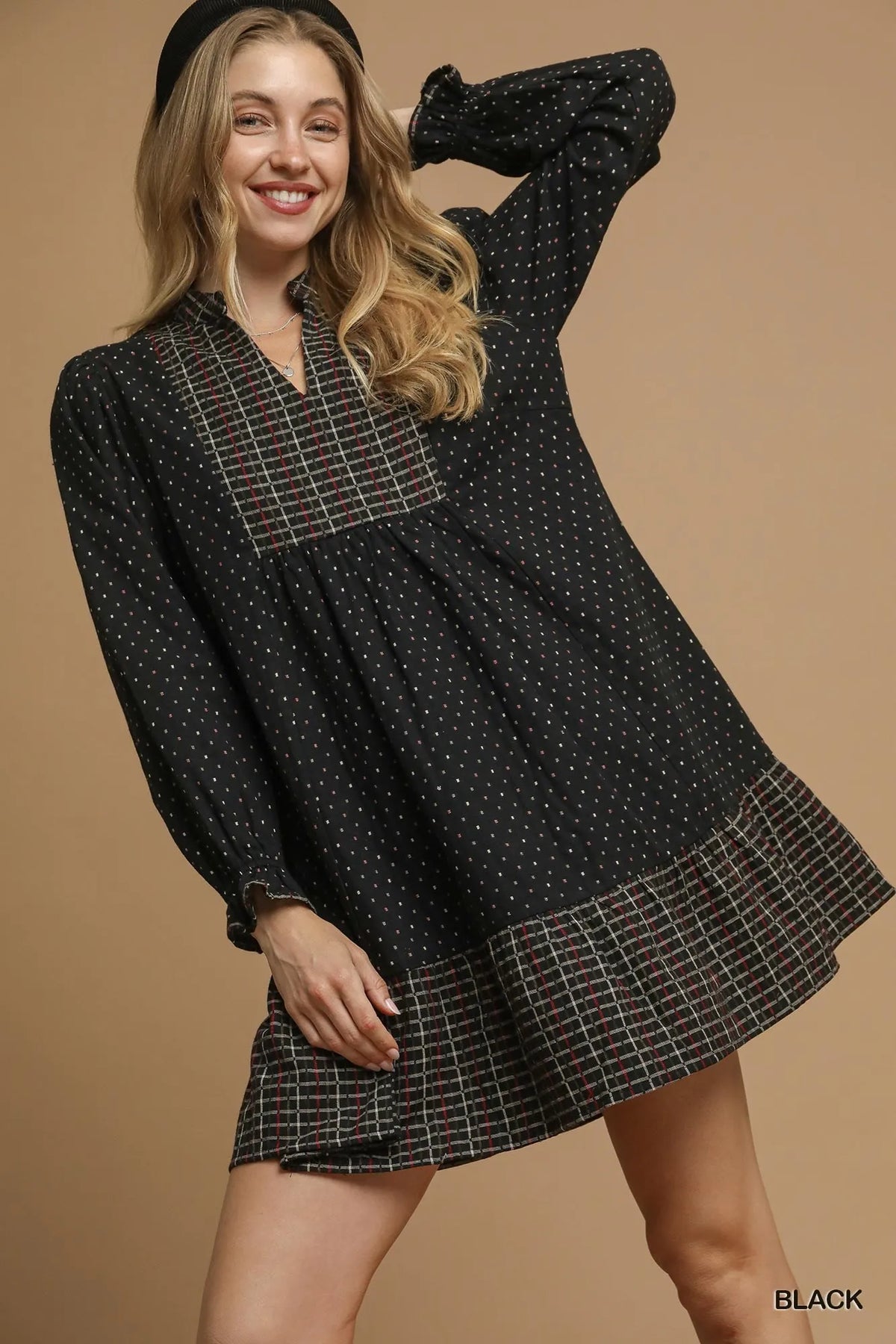 Umgee Polka Dot Plaid Trim Babydoll Dress