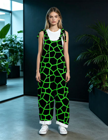 Women Green Geometric Line Print Tie Strap Overalls, Loose Wide Leg Rolled Cuff Casual Jumpsuit With Pockets