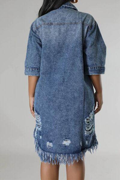 Distressed Raw Hem Button Up Denim Dress for Women