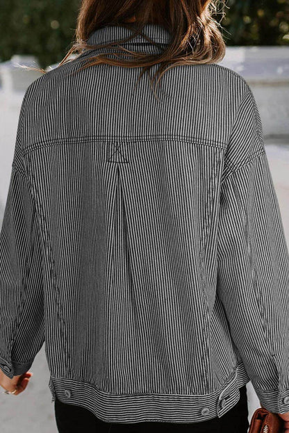 Striped Button Up Long Sleeve Denim Jacket for Women