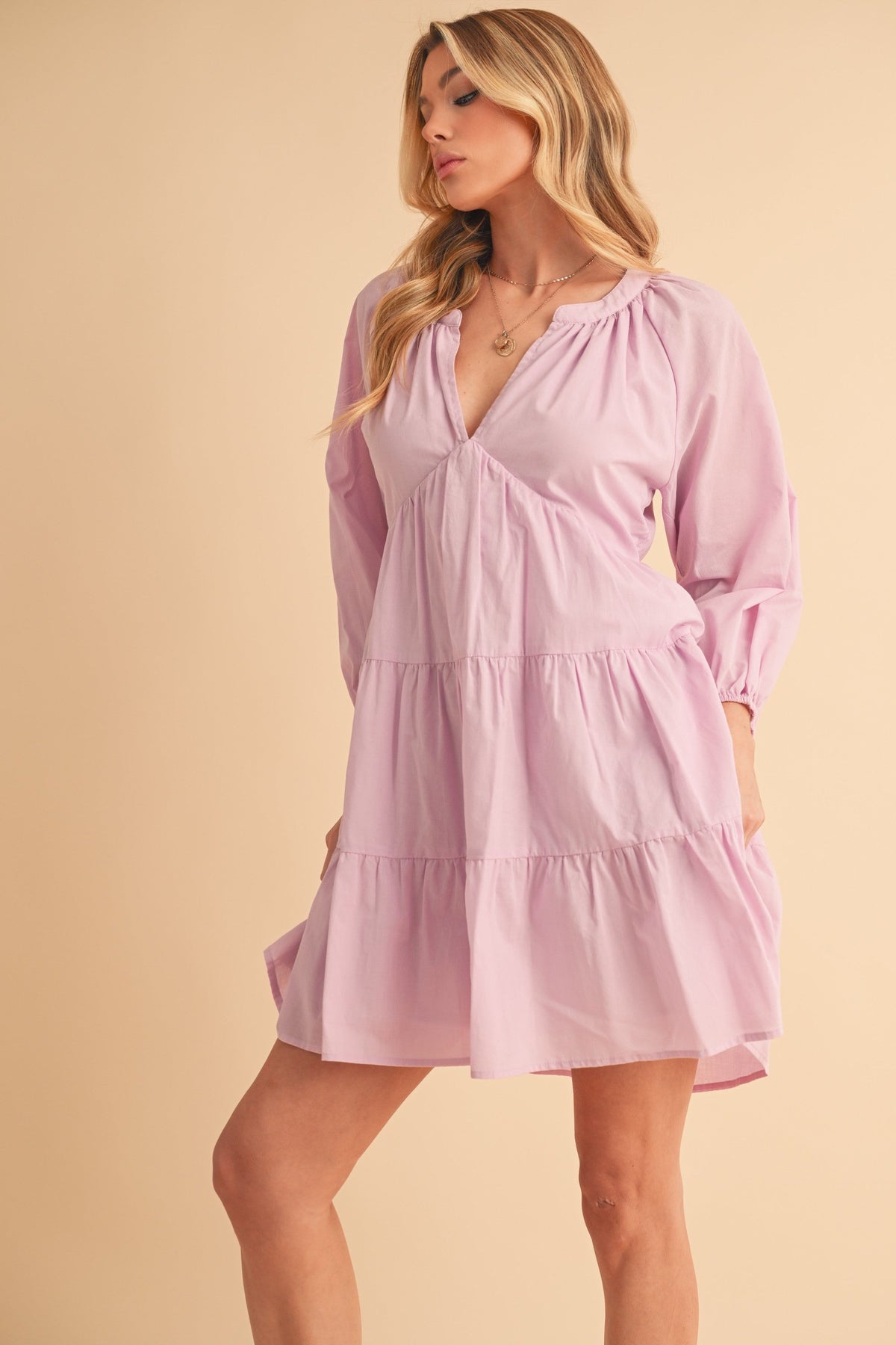 Notched Balloon Sleeve Tiered Mini Dress For Women–Trendy, Chic Style with Modern Balloon Sleeves, Tiered Layers for a Playful &amp; Flirty Look
