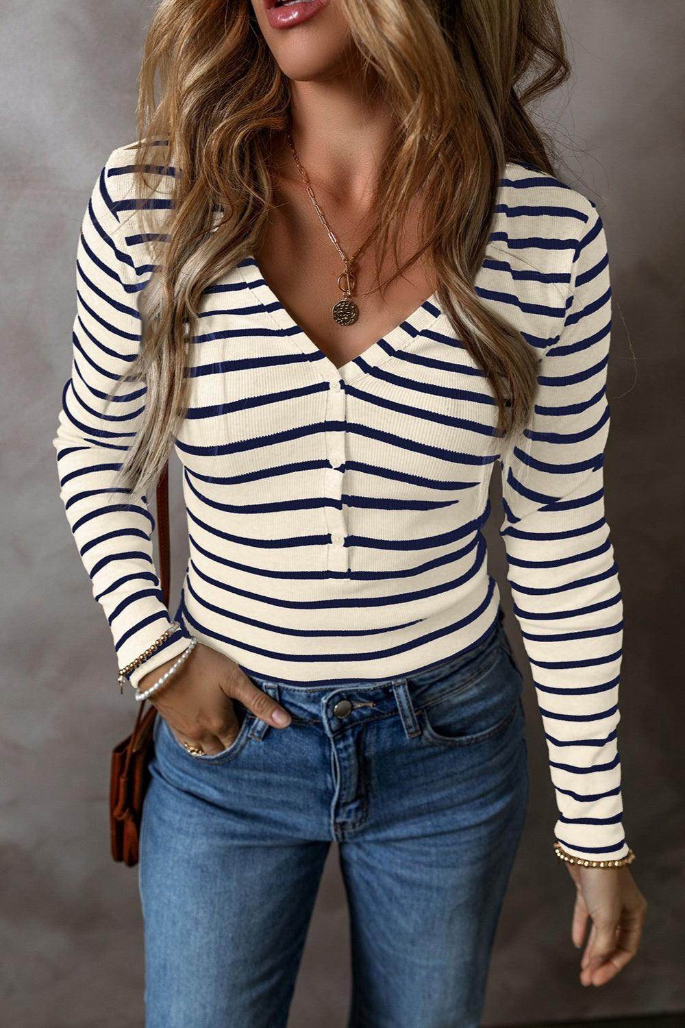 Striped V-Neck Long Sleeve Top for Women Casual Wear
