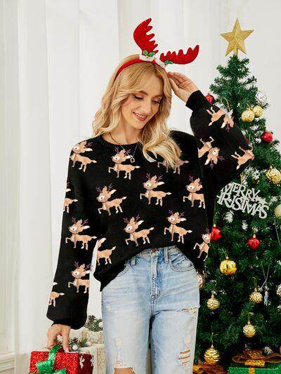 Reindeer Round Neck Long Sleeve Sweater for Women
