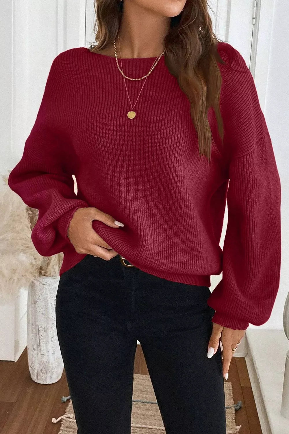 Ribbed Knit Ribbon Knot Backless Drop Shoulder Sweater