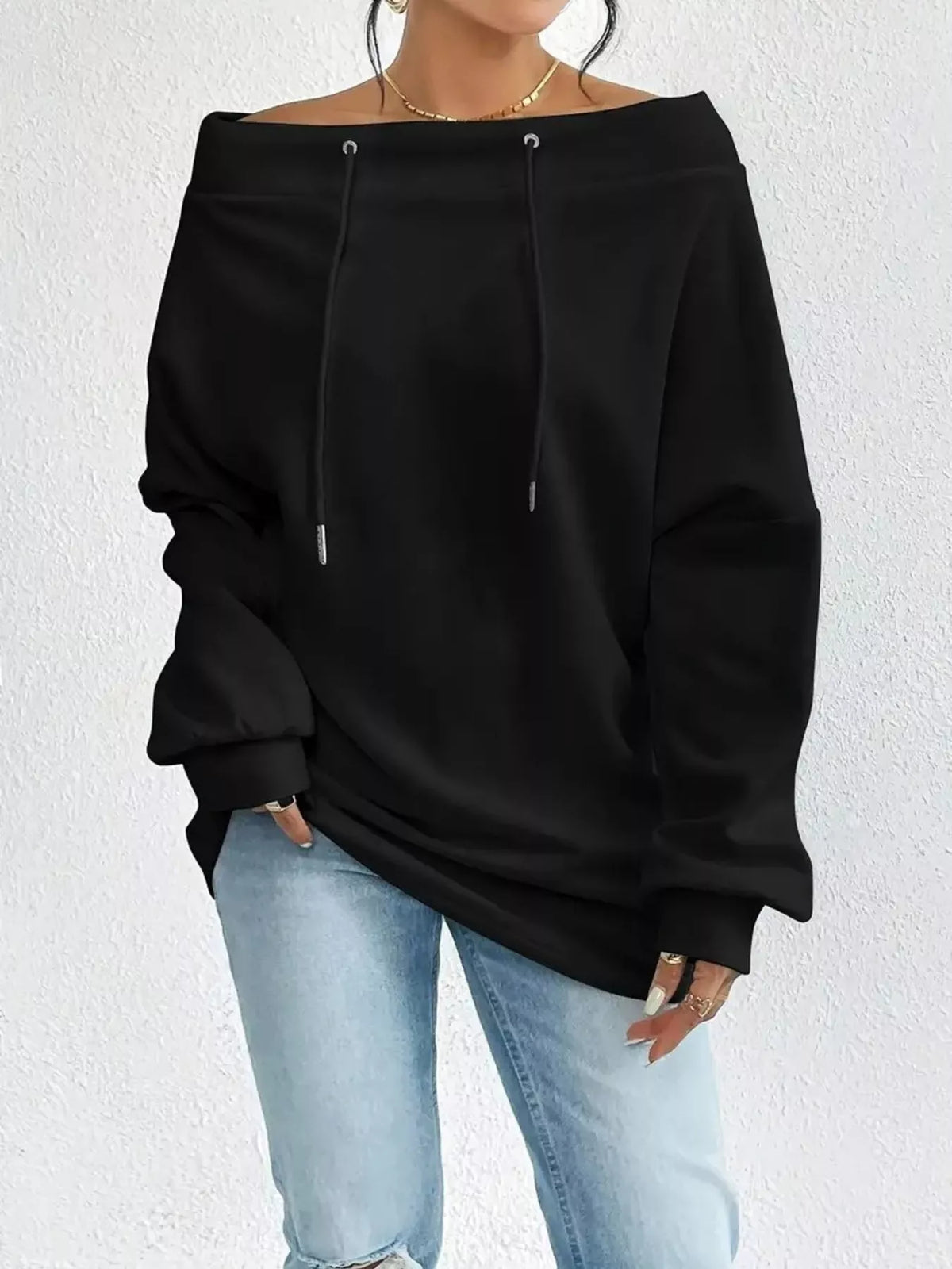 Off-Shoulder Drawstring Sweatshirt