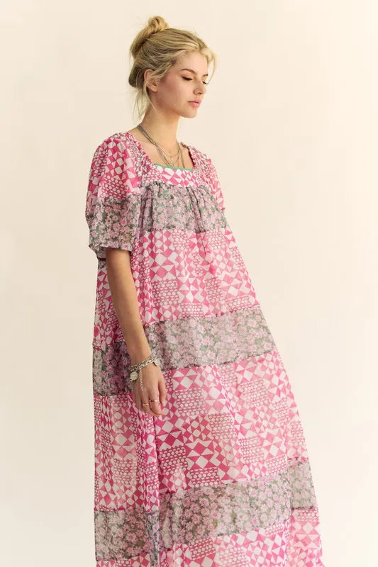 Davi &amp; Dani Multi Floral Square Neck Puff Sleeve Maxi Dress