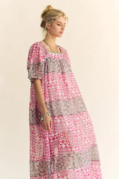 Davi &amp; Dani Multi Floral Square Neck Puff Sleeve Maxi Dress
