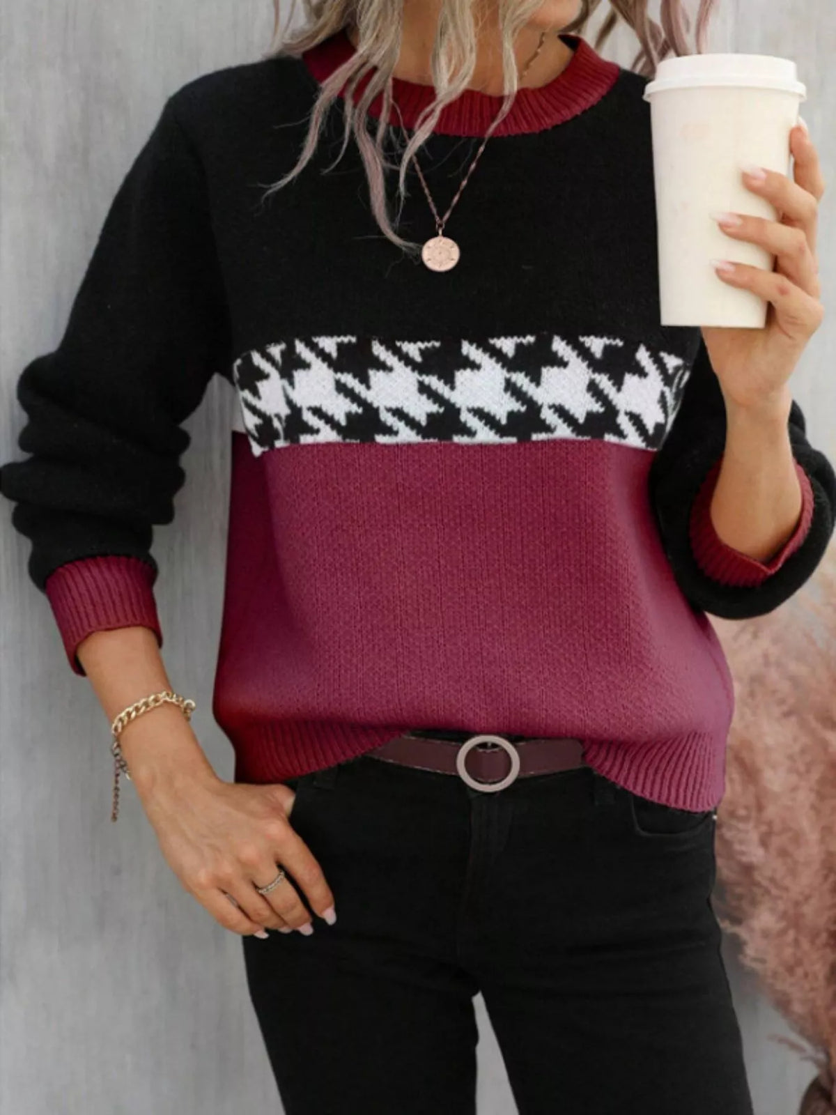 Houndstooth Pattern Color Block Sweater