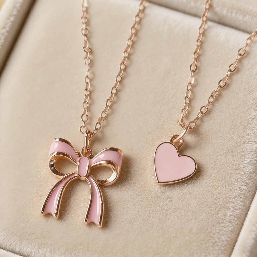 Sweet Pink Heart &amp; Bow Layered Necklace