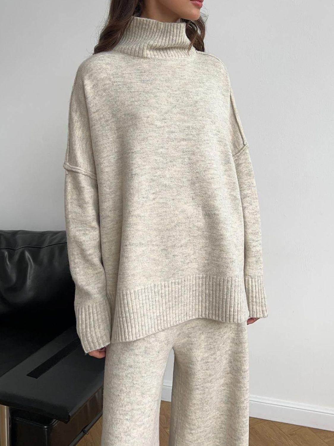 Slit Turtleneck Long Sleeve Top and Pants Sweater Set Outfit