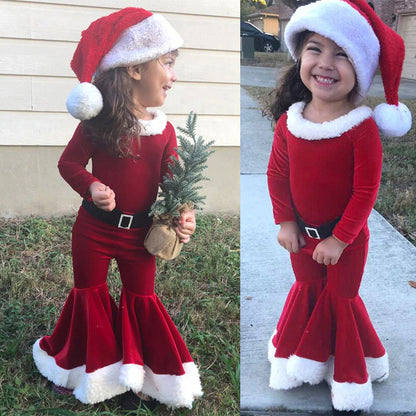 Winter Christmas Long-sleeved Shirt Bell Bottoms Hat Three-piece Children&