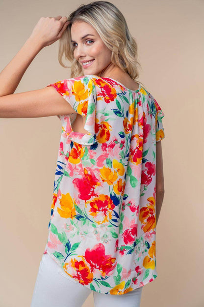 White Birch Full Size Short Sleeve Floral Woven Top for Women