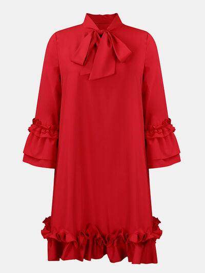 Frill Tie Neck Three-Quarter Sleeve Dress for Women