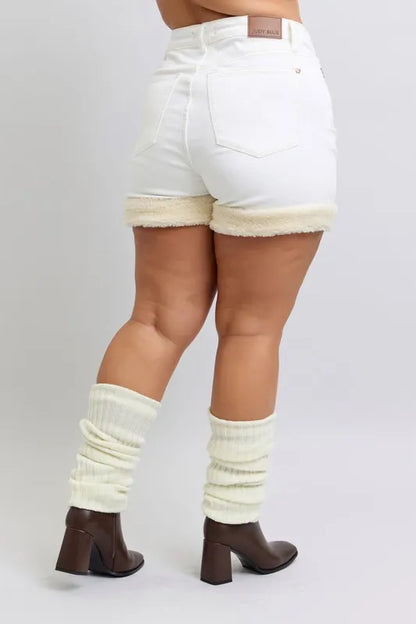 Judy Blue Full Size High Waist Shearling Cuff Denim Shorts Plus Size