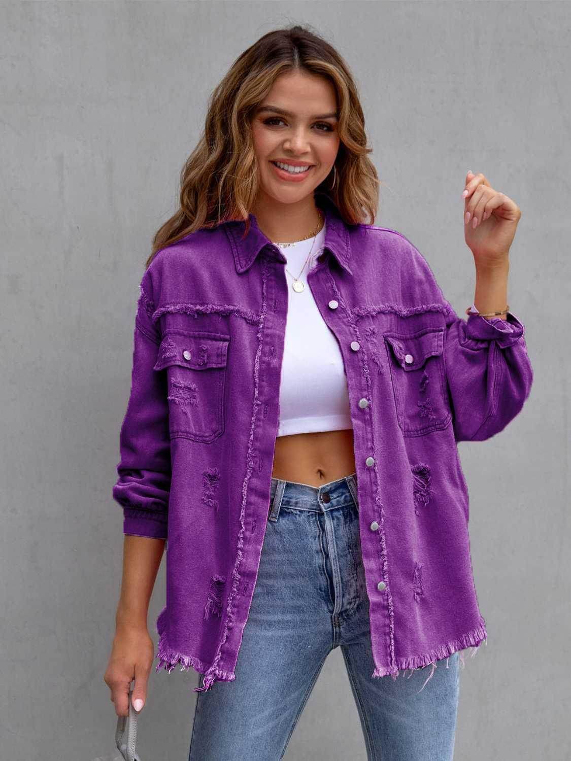 Distressed Drop Shoulder Denim Jacket for Casual Style