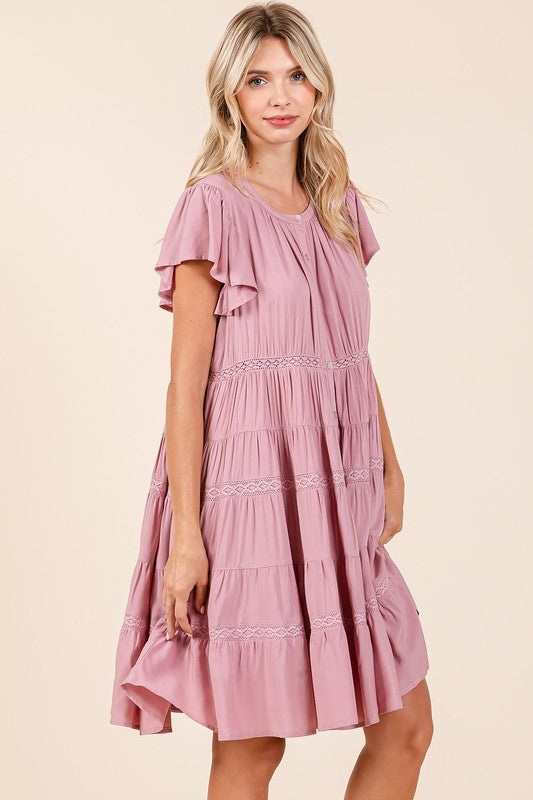 Lace Detail Ruffled Button Down Tiered Dress For Women – Romantic, Fluttering, Delicate, Feminine &amp; Elegant Design