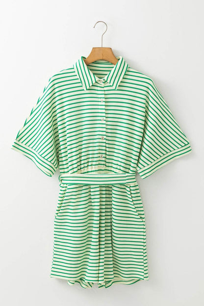 Striped Half Sleeve Tie Waist Romper