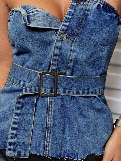 Buttoned Raw Hem Tube Denim Top for Stylish Comfort