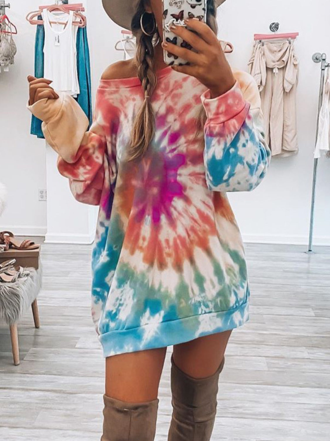 Full Size Tie-Dye Round Neck Long Sleeve Dress Trendy &amp; Comfortable Casual Dress for Women