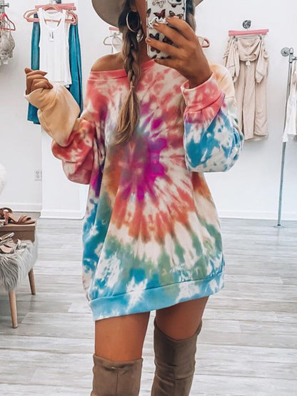Full Size Tie-Dye Round Neck Long Sleeve Dress Trendy &amp; Comfortable Casual Dress for Women