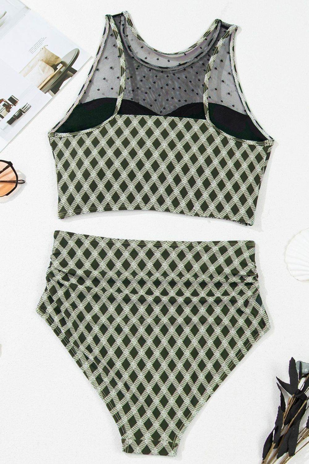 Dotted Mesh Plaid Patchwork High Waisted Swim Set