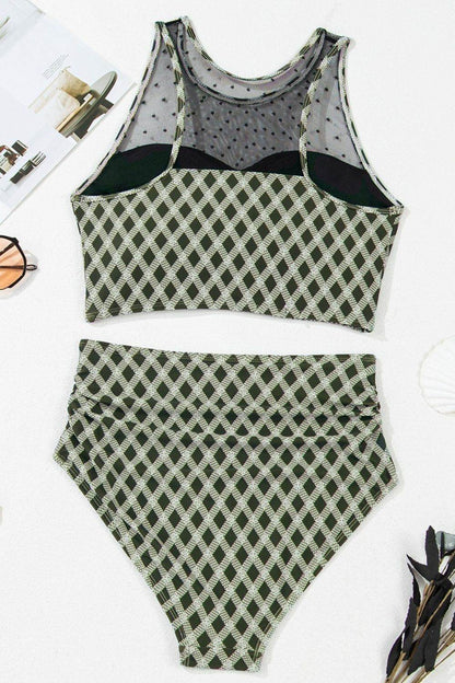 Dotted Mesh Plaid Patchwork High Waisted Swim Set