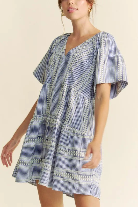 Davi &amp; Dani Embroidered Stripe Ruffled Gingham Mini Dress