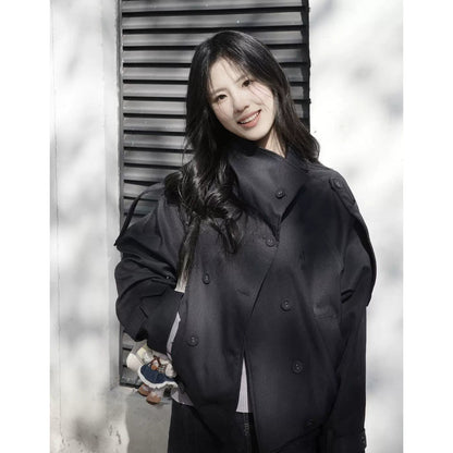 Double-breasted British-style Short Trench Coat With A Stand-up Collar For Women