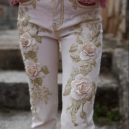 Womens Denim Jeans  Womens Trousers With Colorful 3D Floral Prints