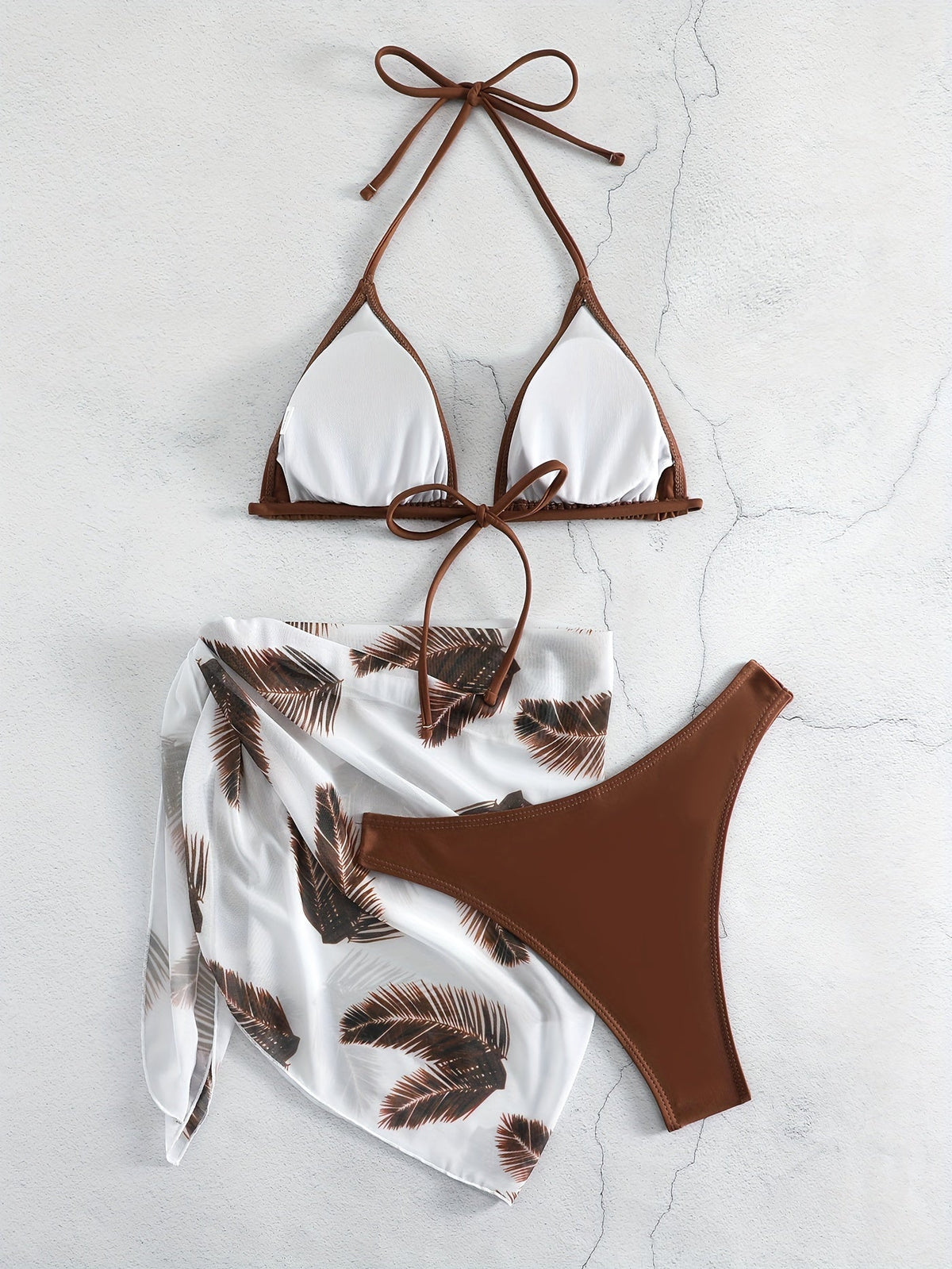 Feather Luxe 3-Piece Bikini Set – Exotic Feather Print Halter Neck Backless Swimsuit with High Cut Tie Back Bottoms and Wrap Cover-Up – Women’s High-Stretch Comfortable Swimwear for Summer Beach &amp; Pool Vacations