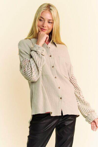 Davi &amp; Dani Crochet Sleeve Crinkled Texture Shirt for Women
