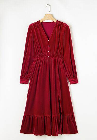 Ruffle Hem Slit V-Neck Long Sleeve Dress for Women