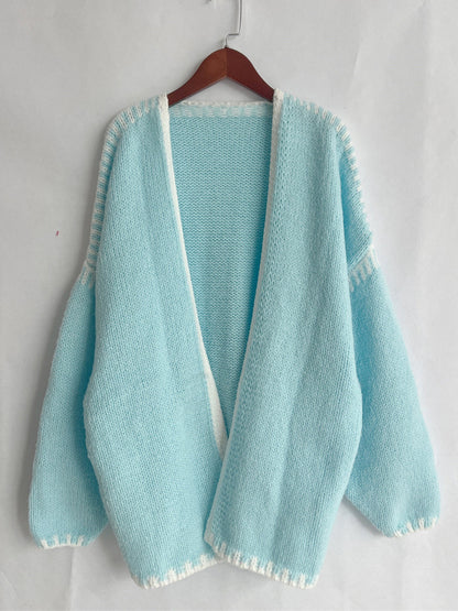 Back To School Sweater - Double Take Contrast Open Front Dropped Shoulder Cardigan