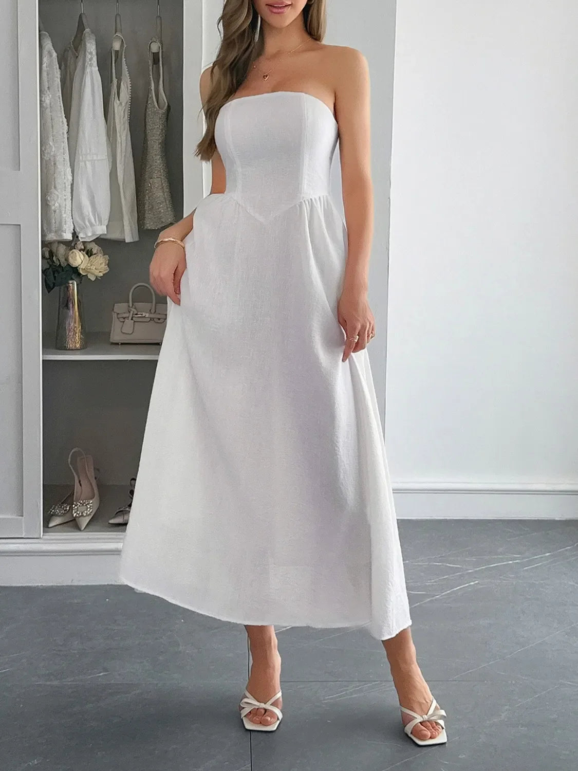 Strapless A-Line Midi Dress with Pockets