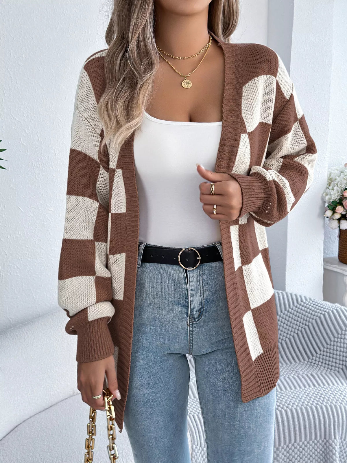 Checkered Pattern Open Front Cardigan