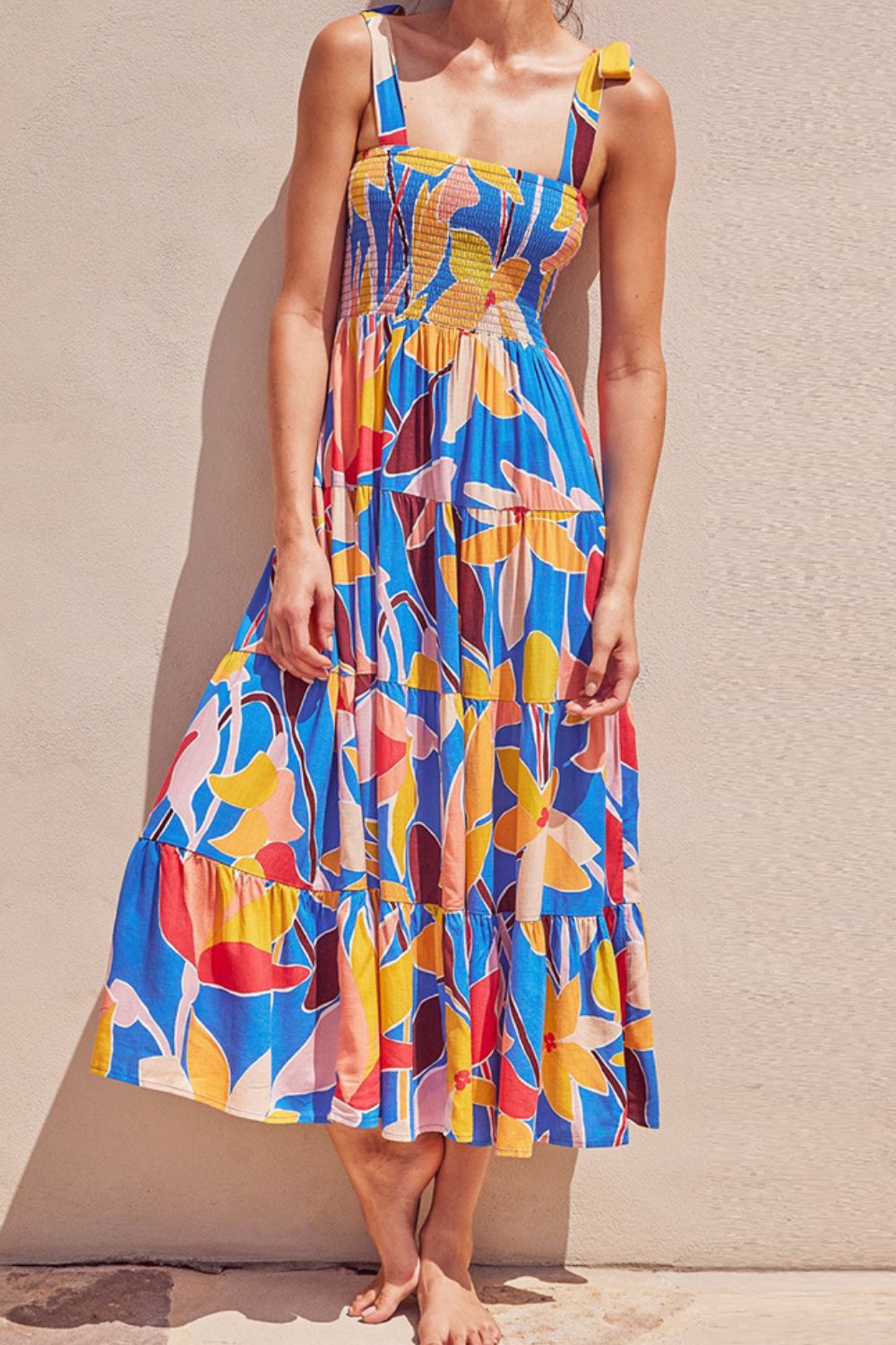 Multicolored Floral Tie-Shoulder Smocked Maxi Dress Elegant &amp; Flowy Summer Style Dress