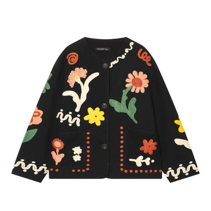 Womens Long-sleeve Crew-neck Floral-embroidered Jacket
