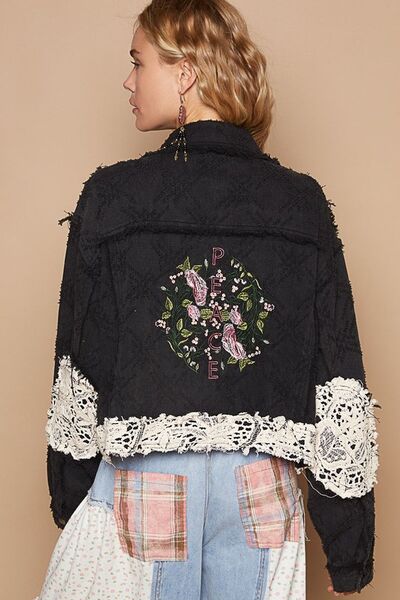 Fashionable Black Button-Up Jacket With Crochet Patches and Embroidery Unique Design Jacket