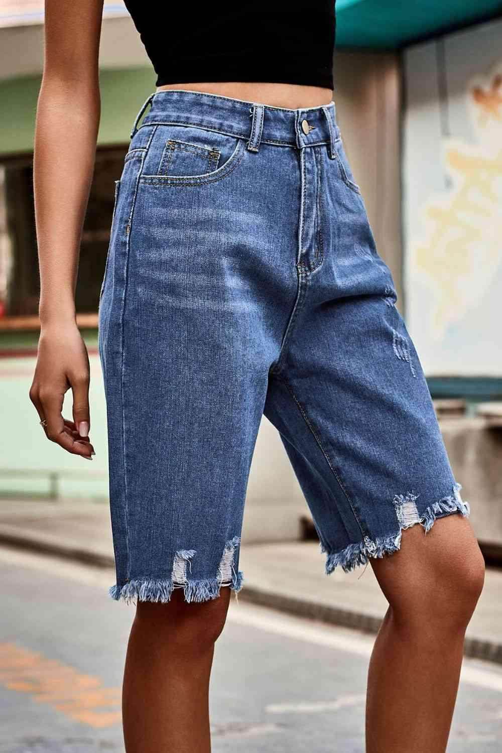 Raw Hem High Waist Denim Shorts with Pockets for Women