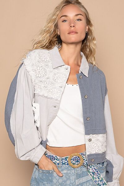 Classic Artistic Crochet Patch Exposed Seam Button Up Jacket Chic &amp; Edgy Outerwear