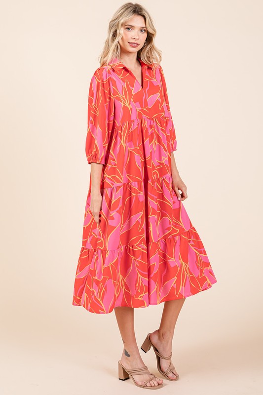 New Summer Tiered Printed Collared Neck Midi Dress For Women – Elegant and Versatile Dress with a Polished, Feminine Flair