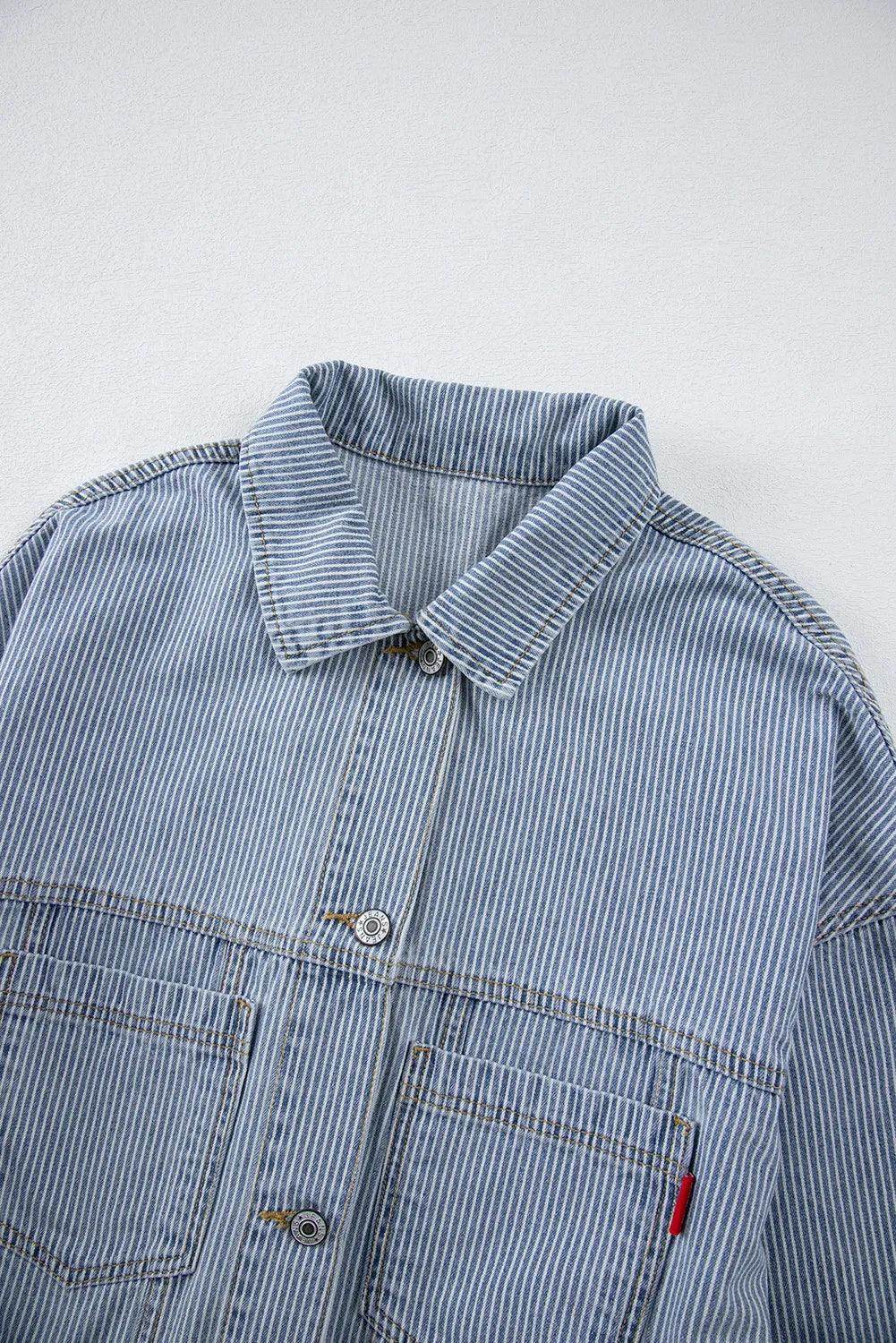 Striped Button Up Long Sleeve Denim Jacket for Women