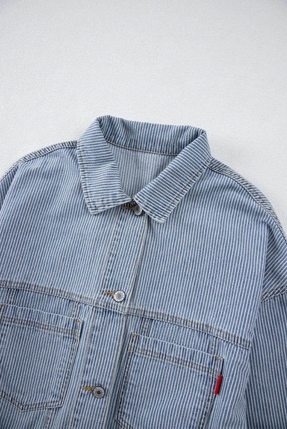 Striped Button Up Long Sleeve Denim Jacket for Women