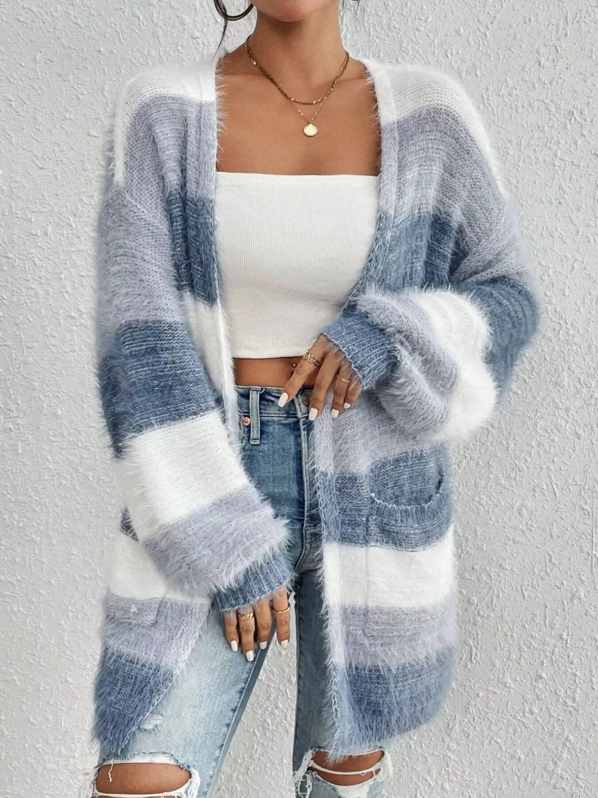 Striped Fuzzy Knit Open Front Cardigan